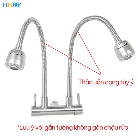 Vòi rửa chén gắn tường 2 đầu xả tăng áp inox 304 Hobby home decor G2T