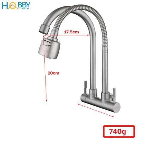 Vòi rửa chén gắn tường 2 đầu lạnh tăng áp Hobby Home Decor G2LX Inox 304 không rỉ sét