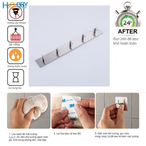 Thanh treo quần áo 5 chấu inox 304 dán tường Hobby Home Decor 5TV160