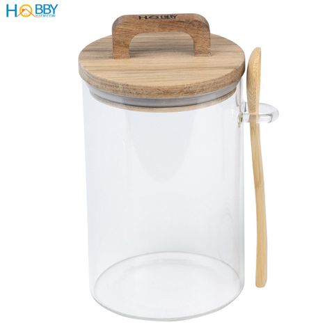 Hũ thuỷ tinh nắp gỗ có muỗng ron cao su Hobby home decor LTT3 dung tích tuỳ chọn