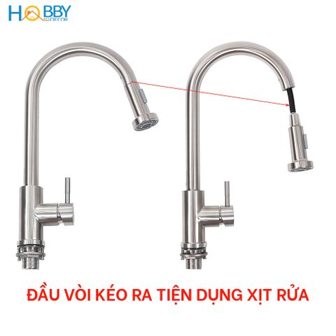 Vòi rửa chén nóng lạnh dây rút 2 chế độ inox 304 Hobby Home Decor VDR4