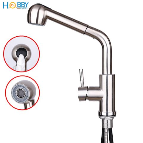 Vòi rửa chén nóng lạnh dây rút HOBBY VDR2 Inox 304 - 2 chế độ phun - đầu vòi kéo dài tiện lợi