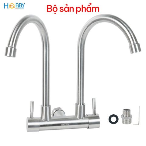Vòi rửa chén gắn tường 2 đầu xả inox 304 Hobby home decor G2D