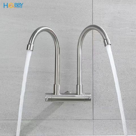Vòi rửa chén gắn tường 2 đầu xả inox 304 Hobby home decor G2D