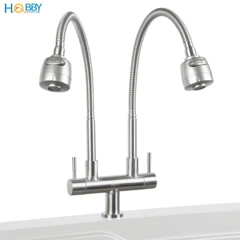 Vòi rửa chén 2 đầu tăng áp thân lò xo inox 304 Hobby home decor 2TA