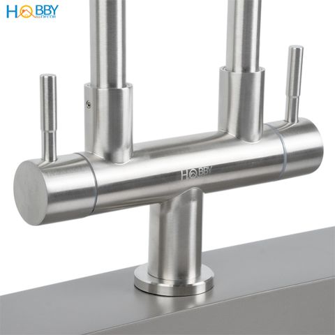 Vòi rửa chén 2 đầu tăng áp thân lò xo inox 304 Hobby home decor 2TA