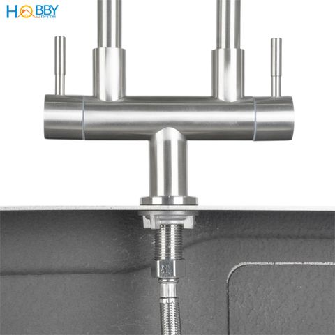 Vòi rửa chén 2 đầu tăng áp thân lò xo inox 304 Hobby home decor 2TA