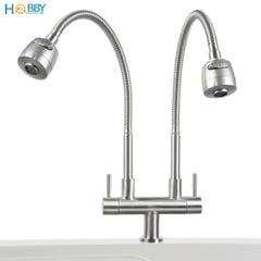 Vòi rửa chén 2 đầu tăng áp thân lò xo inox 304 Hobby home decor 2TA