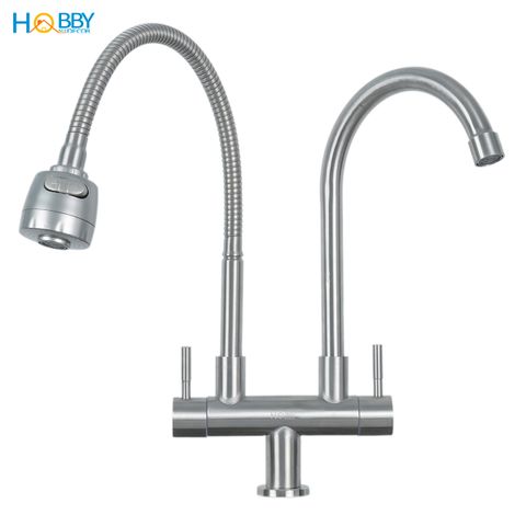 Vòi rửa chén lạnh 2 đầu xả vòi tăng áp inox 304 HOBBY Home Decor LX2D