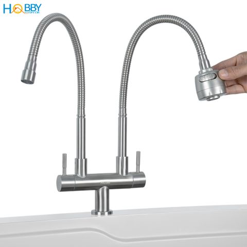 Vòi rửa chén lạnh 2 đầu xả vòi tăng áp inox 304 HOBBY Home Decor LX2D