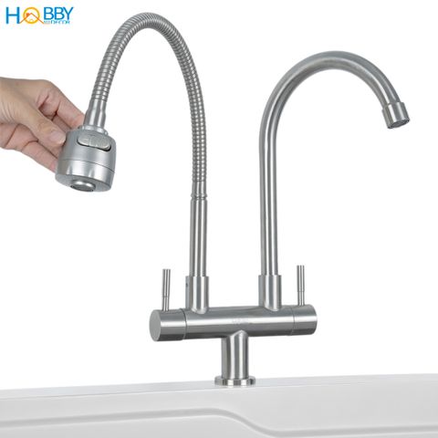 Vòi rửa chén lạnh 2 đầu xả vòi tăng áp inox 304 HOBBY Home Decor LX2D