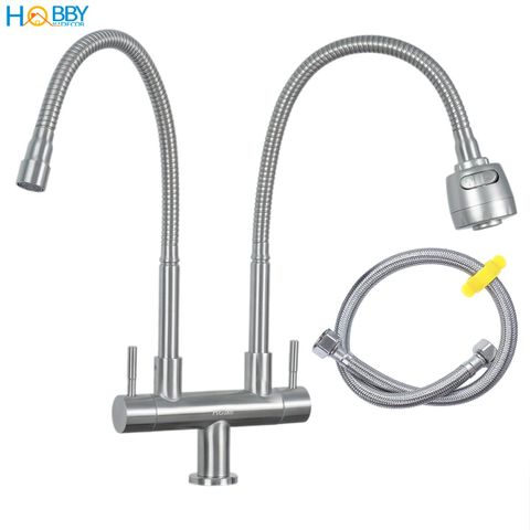 Vòi rửa chén lạnh 2 đầu xả vòi tăng áp inox 304 HOBBY Home Decor LX2D