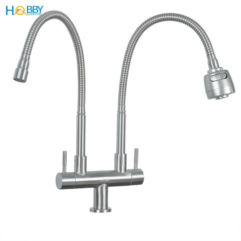 Vòi rửa chén lạnh 2 đầu xả vòi tăng áp inox 304 HOBBY Home Decor LX2D