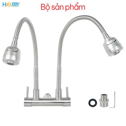 Vòi rửa chén gắn tường 2 đầu xả tăng áp inox 304 Hobby home decor G2T
