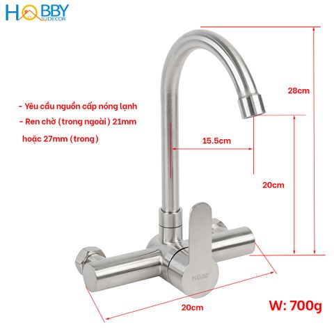 Vòi rửa chén bát nóng lạnh âm tường inox 304 Hobby Home Decor ANL3