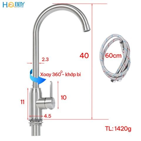 Vòi rửa chén nóng lạnh Inox 304 xoay tròn Hobby home decor CRC5 có dây