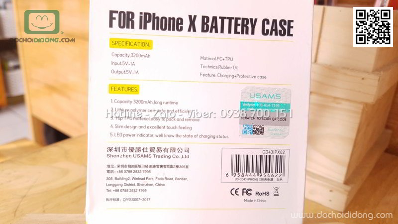 Ốp lưng kiêm sạc dự phòng iPhone X Usams 3200 mAh