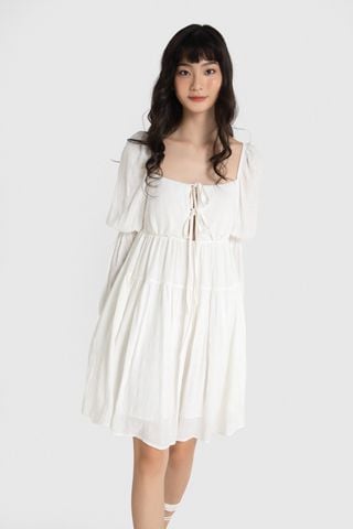 Đầm babydoll linen trắng cup vuông phối dây nơ