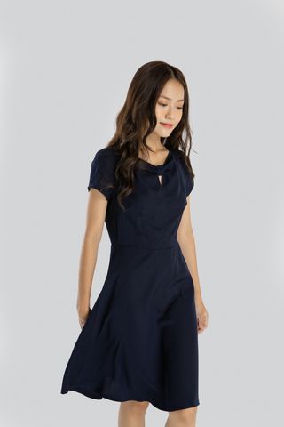 Đầm xòe cotton lụa xanh dương đậm kiểu cổ nơ