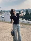 Áo polo thun ôm đen ngắn tay phối nút