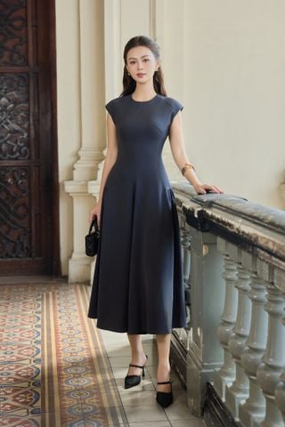 Đầm xòe chéo nhung hàn tùng rã nhún dáng midi