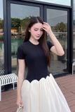 Đầm thun ôm đen tay ngắn tùng xòe dáng maxi
