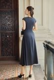Đầm xòe chéo nhung hàn tùng rã nhún dáng midi