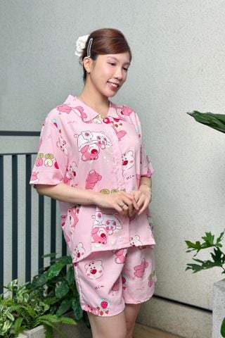 Bộ pyjama ngắn suông ngắn tay cotton họa tiết gấu dâu losta