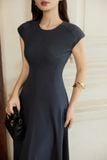 Đầm xòe chéo nhung hàn tùng rã nhún dáng midi