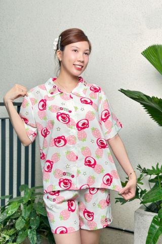 Bộ pyjama ngắn suông ngắn tay cotton in hình gấu dâu