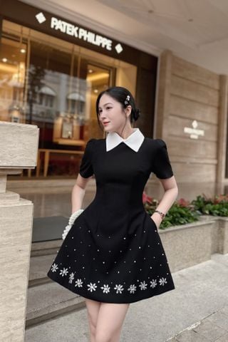 Đầm xòe cổ sơ mi tùng phối đính đá dáng mini