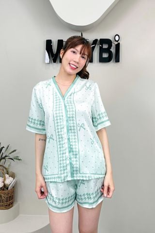 Bộ pyjama ngắn suông lụa xanh phối họa tiết nơ