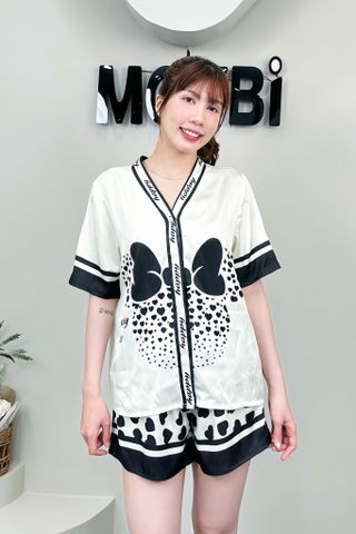Bộ pyjama ngắn suông lụa kem phối đen