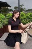 Đầm polo thun đen tùng nhún xòe dáng mini