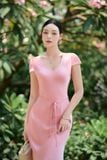 Đầm ôm lụa cổ V dáng midi