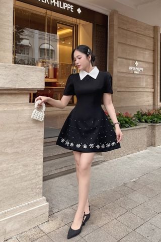 Đầm xòe cổ sơ mi tùng phối đính đá dáng mini