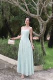 Đầm xòe ren xanh hai dây dáng midi