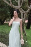 Đầm xòe ren xanh hai dây dáng midi