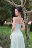 Đầm xòe ren xanh hai dây dáng midi