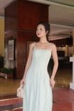 Đầm xòe ren xanh hai dây dáng midi
