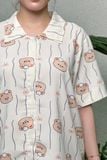 Bộ pyjama ngắn suông ngắn tay cotton nền kem họa tiết gấu nâu