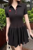 Đầm polo thun đen tùng nhún xòe dáng mini