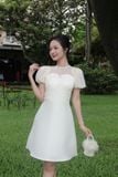 Đầm xòe tafta phối voan kem tay bí dáng midi