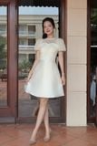 Đầm xòe tafta phối voan kem tay bí dáng midi