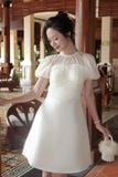 Đầm xòe tafta phối voan kem tay bí dáng midi