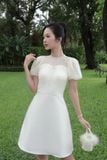 Đầm xòe tafta phối voan kem tay bí dáng midi