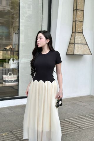 Đầm thun ôm đen tay ngắn tùng xòe dáng maxi