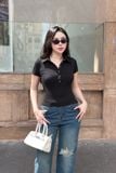 Áo polo thun ôm đen ngắn tay phối nút