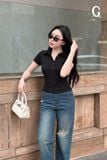 Quần jean xanh ống suông rách kiểu