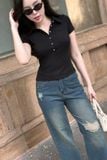 Áo polo thun ôm đen ngắn tay phối nút